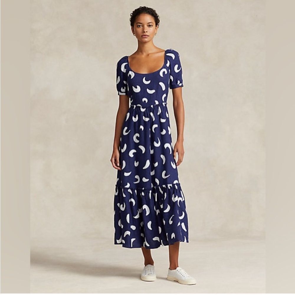 Polo Ralph Lauren Brushstroke‎ Motif Abstract Linen Navy Tiered Maxi Dress 14